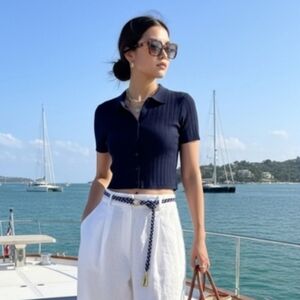 Sunday Best Cropped Ribbed Knit Polo T